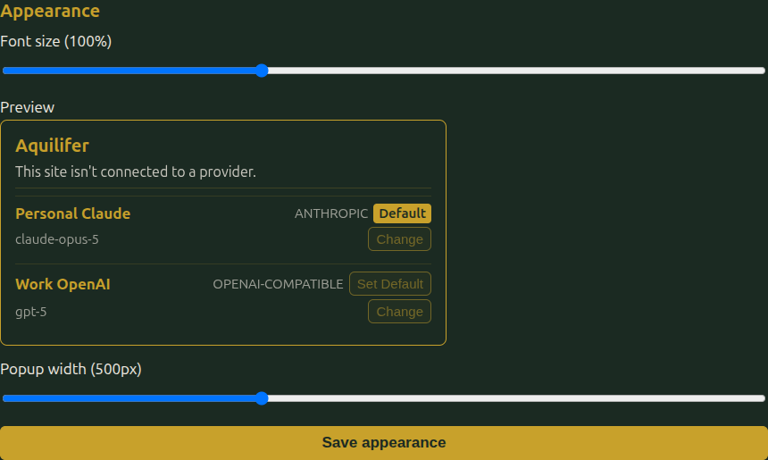 The Appearance tab, showing the font size slider, a live preview of the popup with a fake Anthropic and OpenAI-compatible provider, and the popup width slider