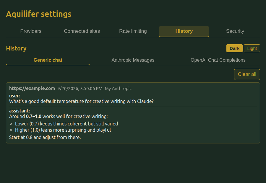 A History entry card showing the site, timestamp, provider, prompt, and a markdown-rendered response with bold text and a bullet list