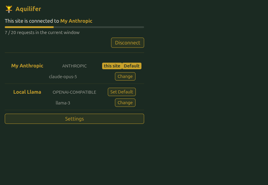 The toolbar popup for a connected site: connection status, rate-limit bar and standing, a Disconnect button, and the provider list with status badges