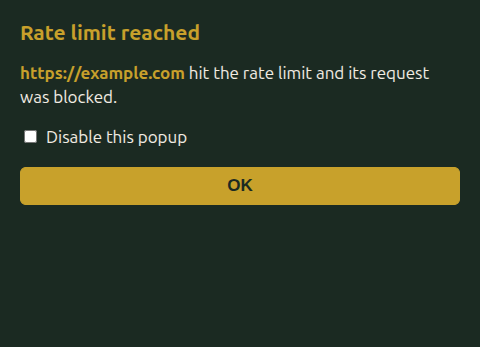 The 'Rate limit reached' popup, naming the site that got blocked