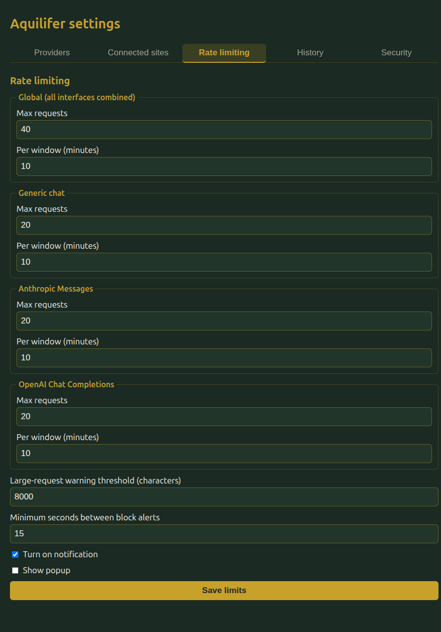 The Rate limiting settings tab, showing the global and per-interface limits, the large-request warning threshold, the block-alert cooldown, and the notification/popup checkboxes