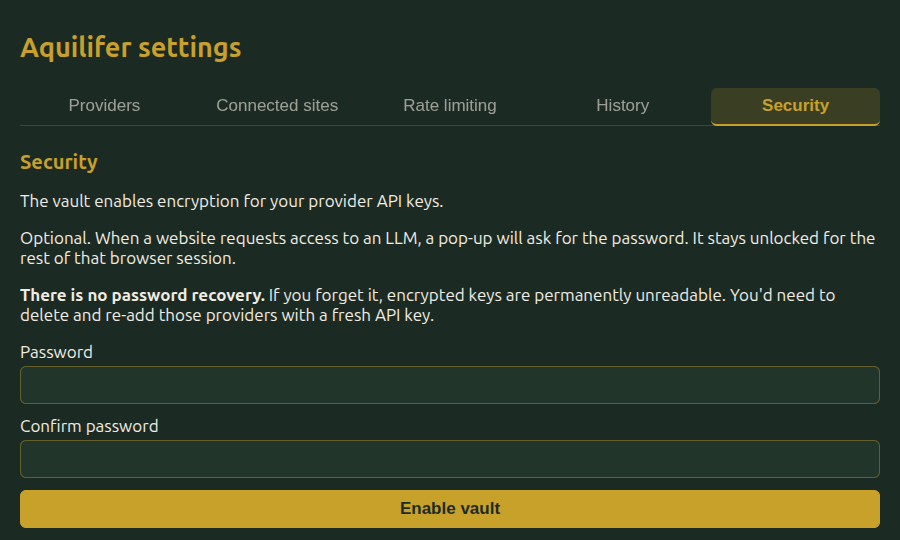 The Security tab before the vault is set up, with password and confirm password fields and an Enable vault button