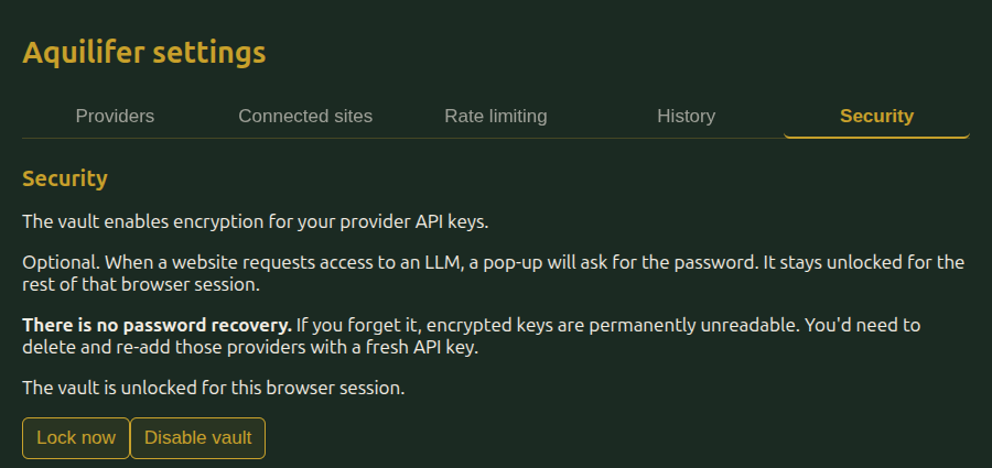 The Security tab once the vault is unlocked, showing Lock now and Disable vault buttons